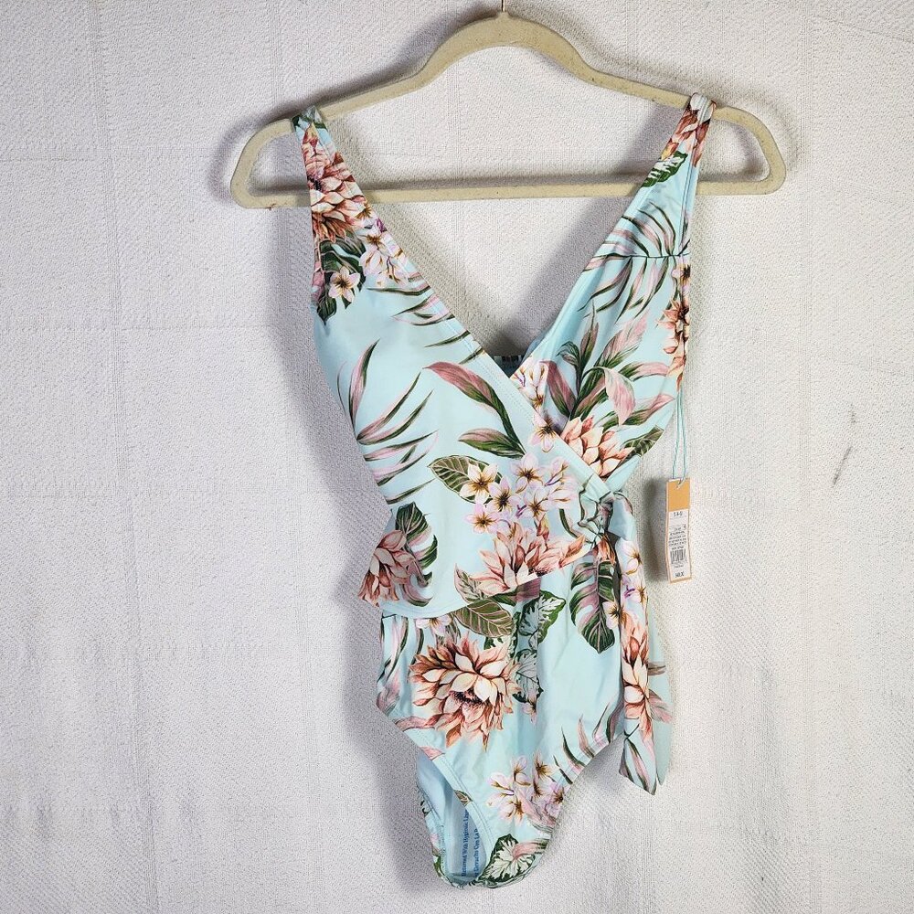 Kona Sol Sea Blue Pink Floral Lined High Coverage One Piece Bathing Suit SM 4-6